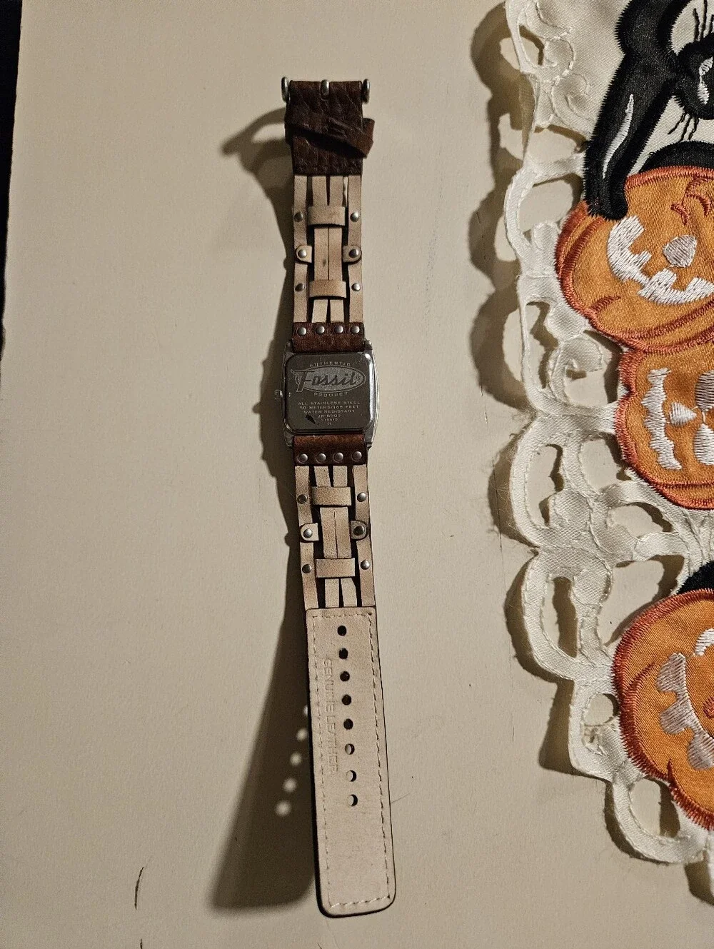 Fossil JR-8552 Vintage Square Dial Watch - Studded Brown Leather Band - WORKING